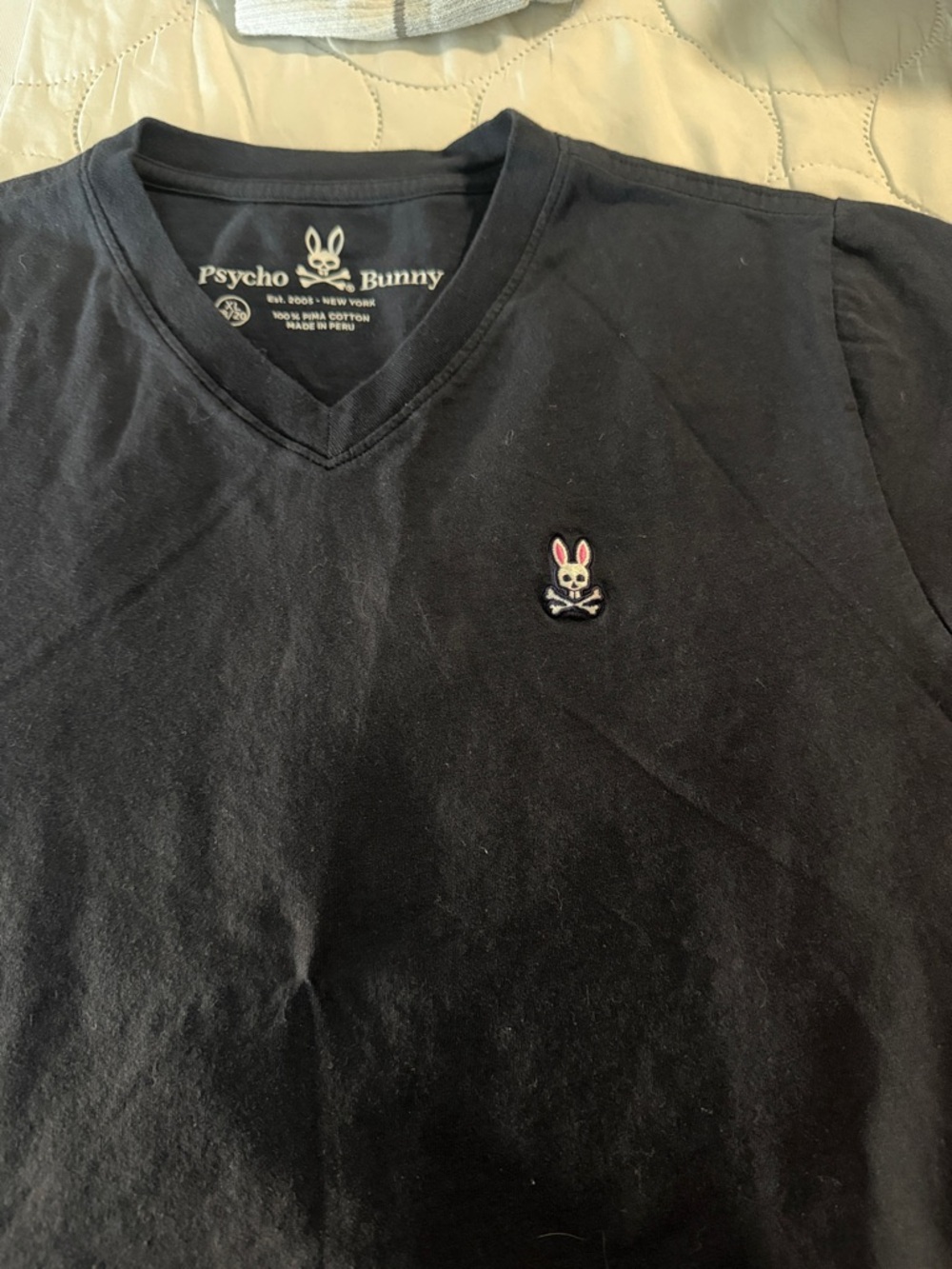 Psycho Bunny Black V-Neck Tee with Embroidered Skull-and-Bunny Logo